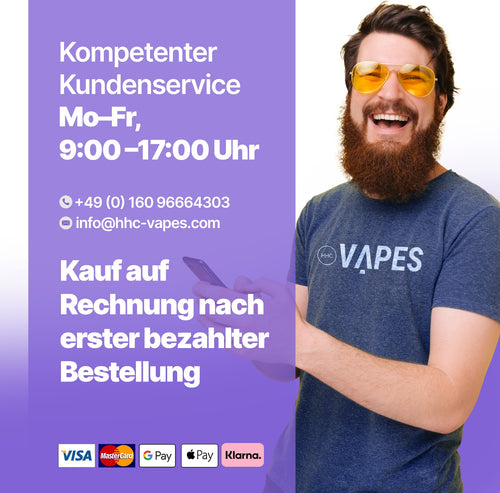 Kundenservice Montag bis Freitag von 9 bis 17 Uhr, Kauf auf Rechnung nach erster bezahlter Bestellung, Zahlung per Visa, Mastercard, Google Pay, Apple Pay und Klarna