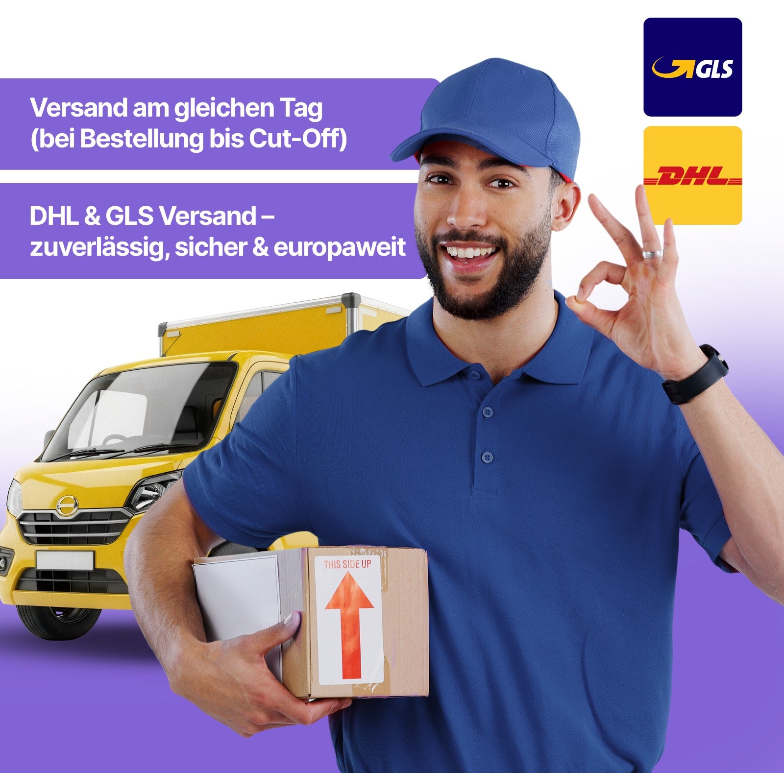 Versand am gleichen Tag bei Bestellung bis Cut-off, Zustellung mit DHL und GLS